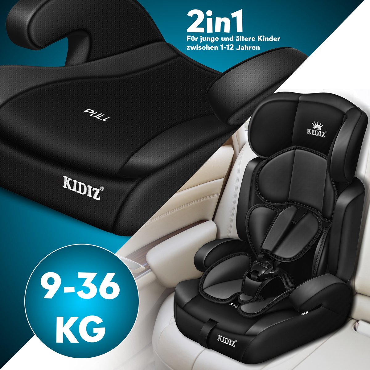 KIDIZ® Autostoeltje | Groep 1+2+3 | 9-36 kg 5-punts veiligheidsgordel, Autostoeltje, Kinderzitje, Verstelbare Hoofdsteun | Stoelverhoger 1-12 jaar, Stabiel en Veilig - Zwart – foto 6
