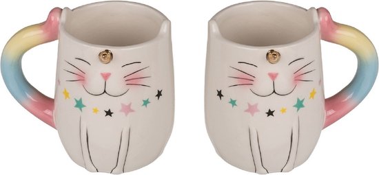 Set van 4x stuks bekers/mokken eenhoorn kat/poes met regenboog print13 cm - Unicorn dieren bekers/mokken