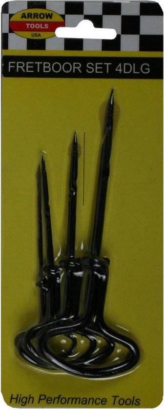 Verpakking met drie zwarte handboren met T-handvatten, die uit de gele kaart steken.