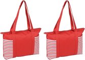 Strandtas met streepmotief - 2x stuks - rood/wit - 44 x 31 cm - Strandartikelen beach bags/shoppers met ritssluiting