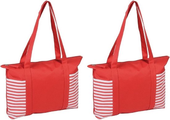 2x stuks strandtas rood/wit met streepmotief 44 cm - Strandartikelen beach bags/shoppers met ritssluiting