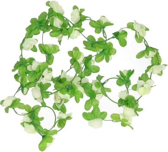Bloemenslinger met witte bloemen en groene blaadjes, aan een rank.