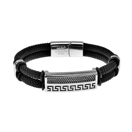 21cm x 12mm Armband Heren - Zwarte Nylon Armband - Roestvrij Staal - Griekse Stijl Armband