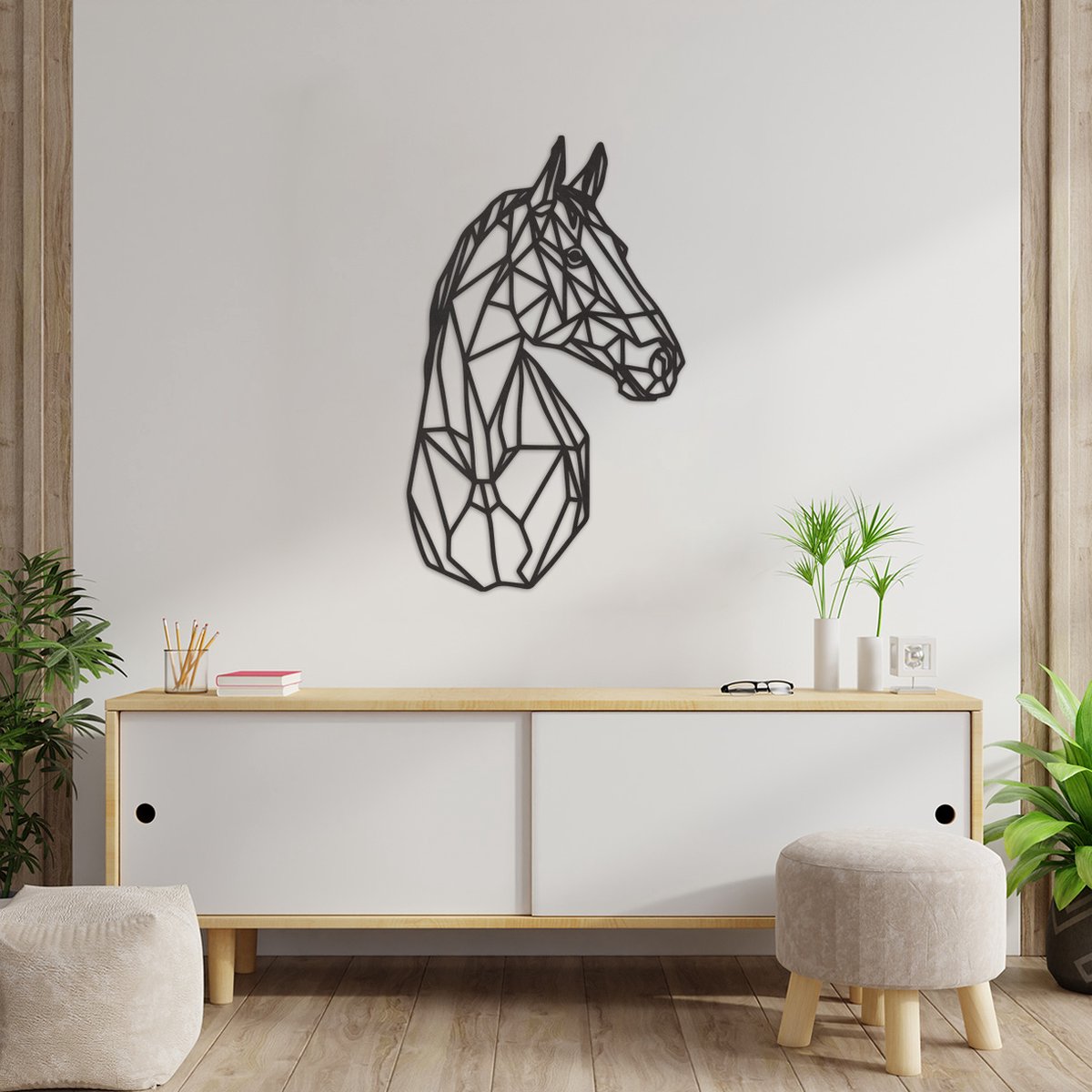 Geometrische Wanddecoratie Paard - Geometrische Muurdecoratie Paard - Geometrisch Paard - Muurdecoratie Hout - Wanddecoratie Hout - Muurdecoratie Woonkamer - Wanddecoratie Woonkamer - Wanddecoratie Industrieel - Wanddecoratie Dieren - 89 x 54 cm