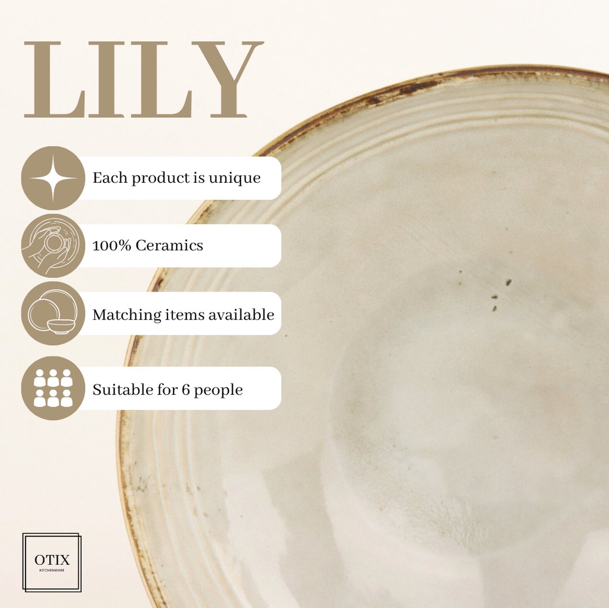 OTIX Serviesset - Beige - 6 Persoons - 18-delig - Bordenset - Keramiek - Vaatwasser bestendig - LILY — afbeelding 7
