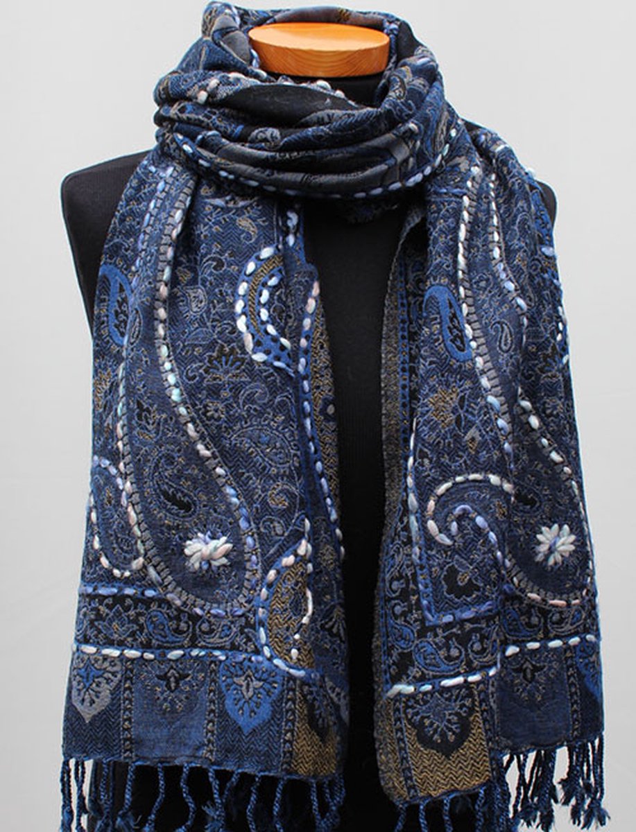 Wollen geborduurde sjaal en omslagdoek Blauw-Paisley