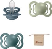 BIBS Supreme Fopspenen - Maat 1 0-6 maanden - Silicone – Petrol - Island Sea - Sage + Monkiezz speenzakje