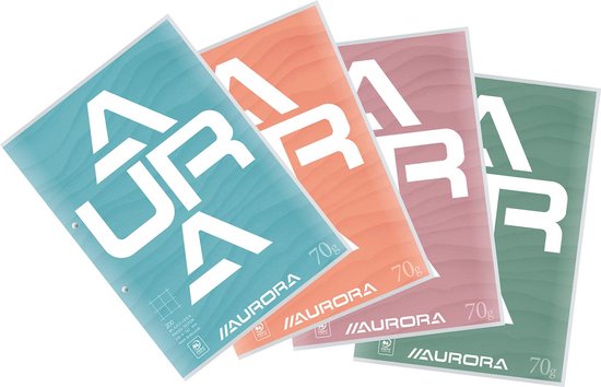 Quatre blocs-notes Aurora dans les tons bleu sarcelle, orange, rose et vert, avec des logos blancs "JR A" et l'inscription "70g // AURORA".