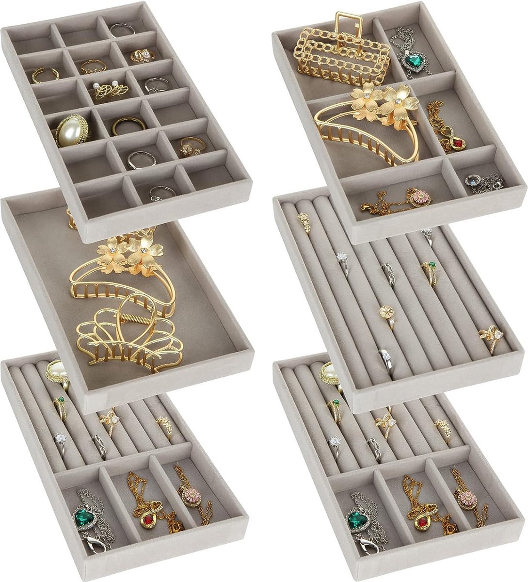 Set van 6 sieradentrays, stapelbaar, sieradenopberglade, sieradeninzet voor laden, voor het bewaren en presenteren van oorbellen, halskettingen, ringen