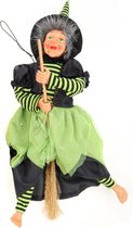 Creation decoratie heksen pop - vliegend op bezem - 40 cm - zwart/groen - Halloween versiering