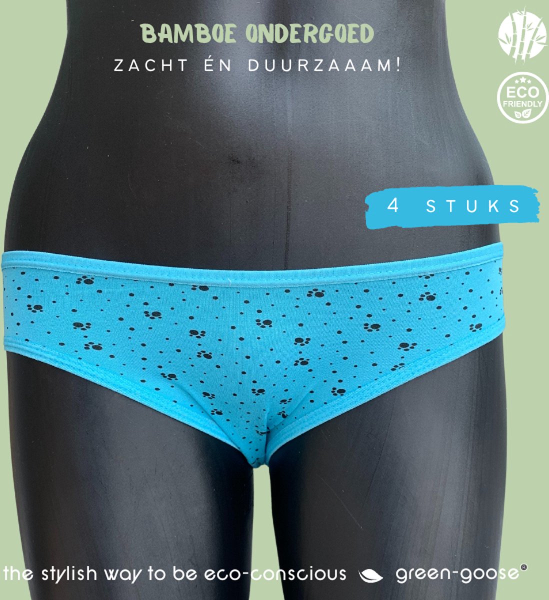 green-goose® Bamboe Dames Ondergoed | 4 Stuks | Maat S/M | Blauw | Met Pootjes Opdruk | Duurzaam, Ademend en Heerlijk Zacht