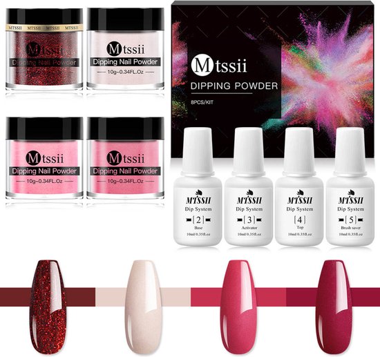 Dipping powder starter kit - 4 kleuren - Rood - dip poeder - acryl nagels - Dip poeder Starter Kit - Starterset - dip nagels - nagel poeder - acryl poeder - MTSSII - Dip Powder-