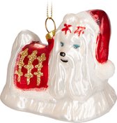 BRUBAKER Maltezer Hond wit in Kerstoutfit Goud Rood - Handbeschilderde Kerstbal van Glas - Handgeblazen Kerstboomversieringen Figuren Grappige Decoratieve Hangers Boombal - 8,6 cm