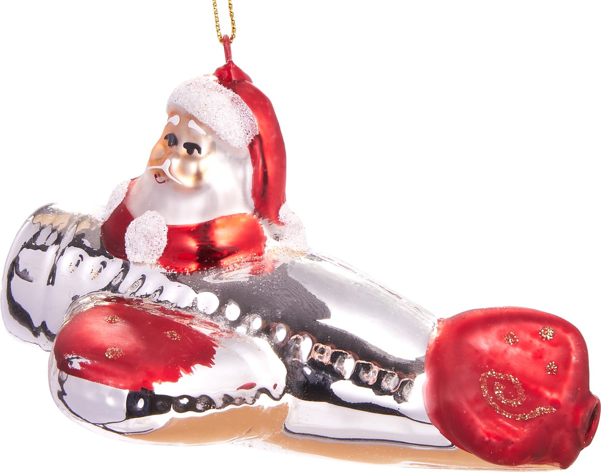 Brubaker Kerstman In Vliegtuig - Handgeschilderde Glazen Kerstbal - Handgeblazen Kerstversiering - Grappige Kersthanger - Kerstboom Decoratie - 12 cm Kerstman op het vliegtuig