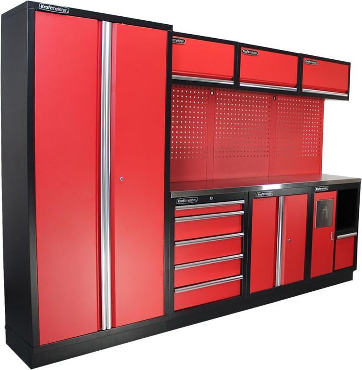 Kraftmeister werkplaatsinrichting - Werkbank met 3 wandkasten, 1 werkplaatskast, 1 opbergkast, 1 prullenbak en RVS werkblad - Werktafel met 5 laden en gereedschapswand - Complete set voor werkplaats of garage - Rood