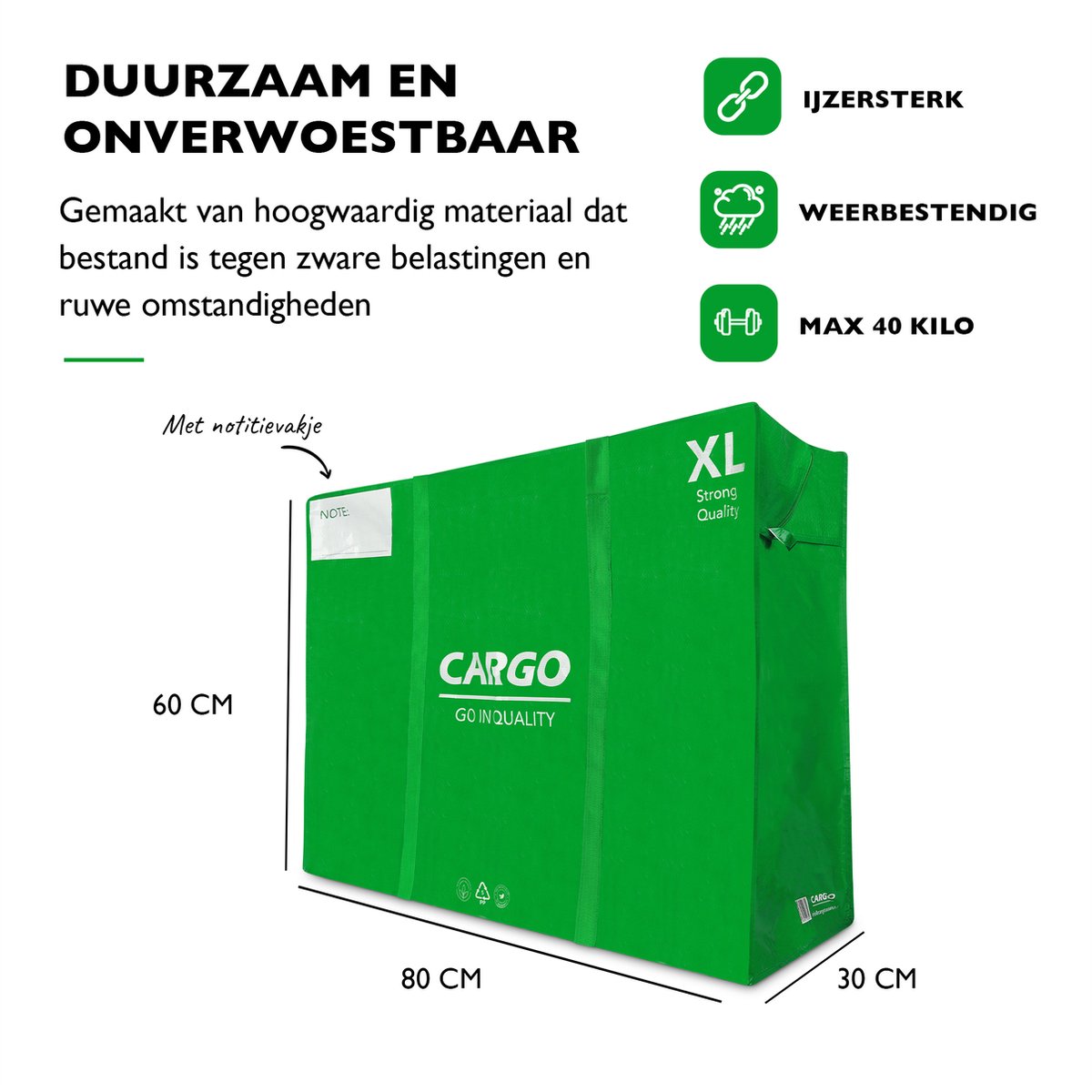 Stevige CARGO BigShopper - Verhuistas - Transporttas - Boodschappentas - Reistas - met Rits - XL (80 x 60 x 30cm) – Inhoud 144 L