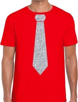 Rood fun t-shirt met stropdas in glitter zilver heren XXL