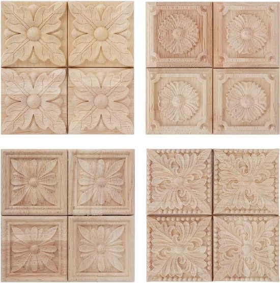 4 stuks carving geruite applique ongeverfd sticker voor meubeldecoratie natuurlijke hout appliques vierkante bloem carving decals decoratieve houten ambachtelijke 6x6cm (1 #)