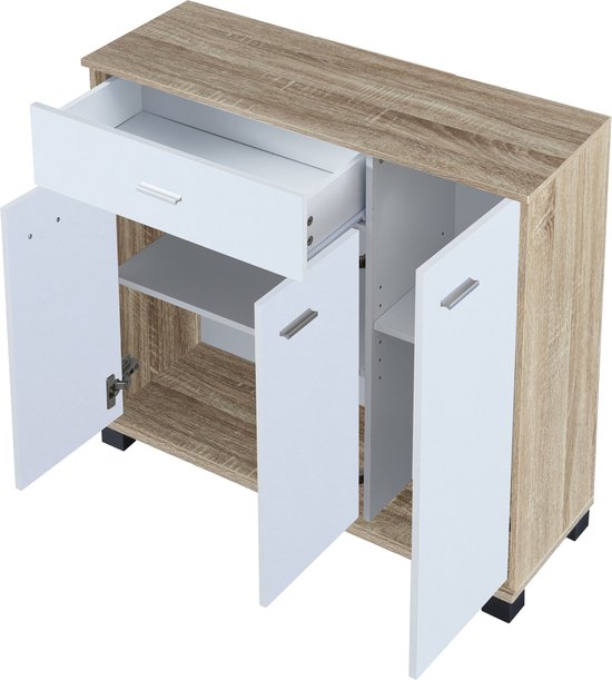 Open dressoir met eikenhouten frame en witte deuren en lade, binnenkant zichtbaar.