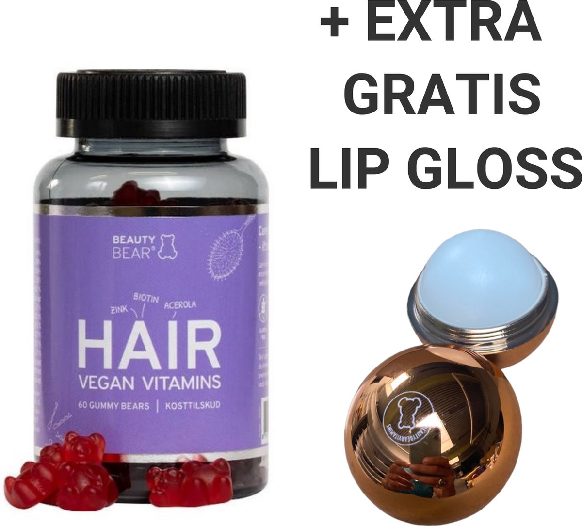 BEAUTY BEAR Hair Vitamines, 60 Gummies + 1 x Lip Gloss