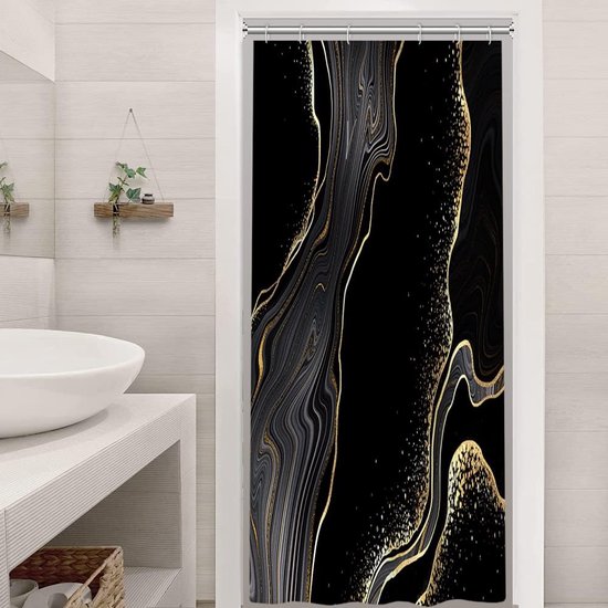 Douchegordijn zwart goud, douchegordijn smal marmerlook grijs