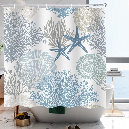 Douchegordijn natuur zee voor badkamer met zeester sargassum patroon