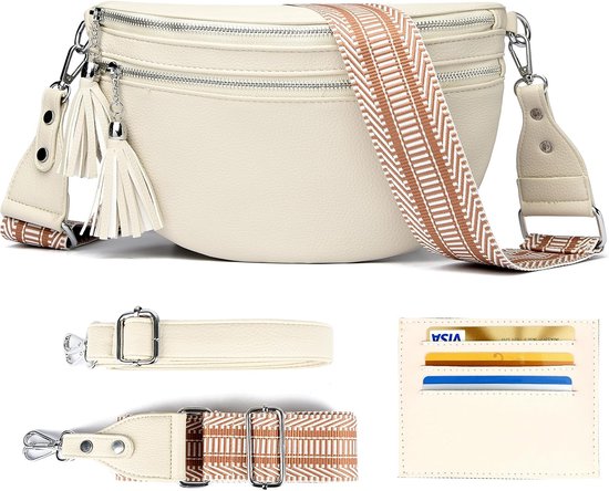 Crossbody tas dames grote schoudertas dames heuptasje met creditcardvak en 2 schouderbanden-beige