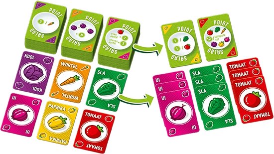 Groene speldoos met groenten en kaarten met groenten: kool, ui, tomaat, wortel, paprika en sla.
