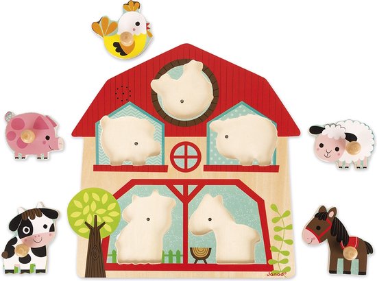 Janod Muziekpuzzel - De Vrienden Van De Boerderij - Houten Puzzel Met 5 Stukjes - Elk Puzzelstukje Maakt Een Eigen Dierengeluid - Geschikt Vanaf 18 Maanden van Janod — afbeelding 2