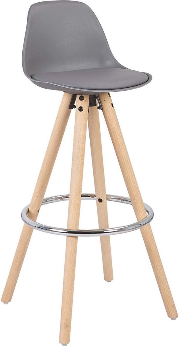 Happyment Hoge Barkruk Dublin - Zithoogte 75cm - Grijs - Set van 1 - Keuken - Barstoelen - Met rugleuning - Kunstleer - Bruin frame