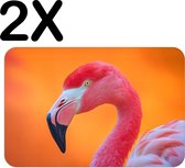 BWK Flexibele Placemat - Roze Flamingo met Oranje Achtergrond - Set van 2 Placemats - 45x30 cm - PVC Doek - Afneembaar