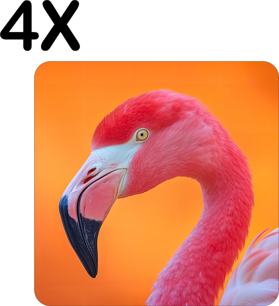 BWK Flexibele Placemat - Roze Flamingo met Oranje Achtergrond - Set van 4 Placemats - 40x40 cm - PVC Doek - Afneembaar
