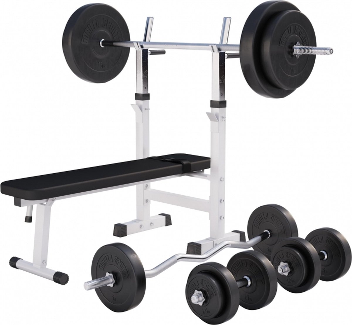 Gorilla Sports Halterbank Wit met 100 kg halterset - Fitnessbank - Verstelbaar - Halterstang met gewichten - Kunststof
