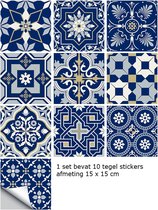 10 stuks Portugese Tegelsticker 15x15 cm - kobaltblauw - wit - lichtblauw - waterproof - zelfklevende plakfolie - keuken / badkamer / toilet