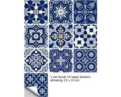 10 stuks Portugese Tegelsticker 15x15 cm - kobaltblauw - wit - lichtblauw - waterproof - zelfklevende plakfolie - keuken / badkamer / toilet