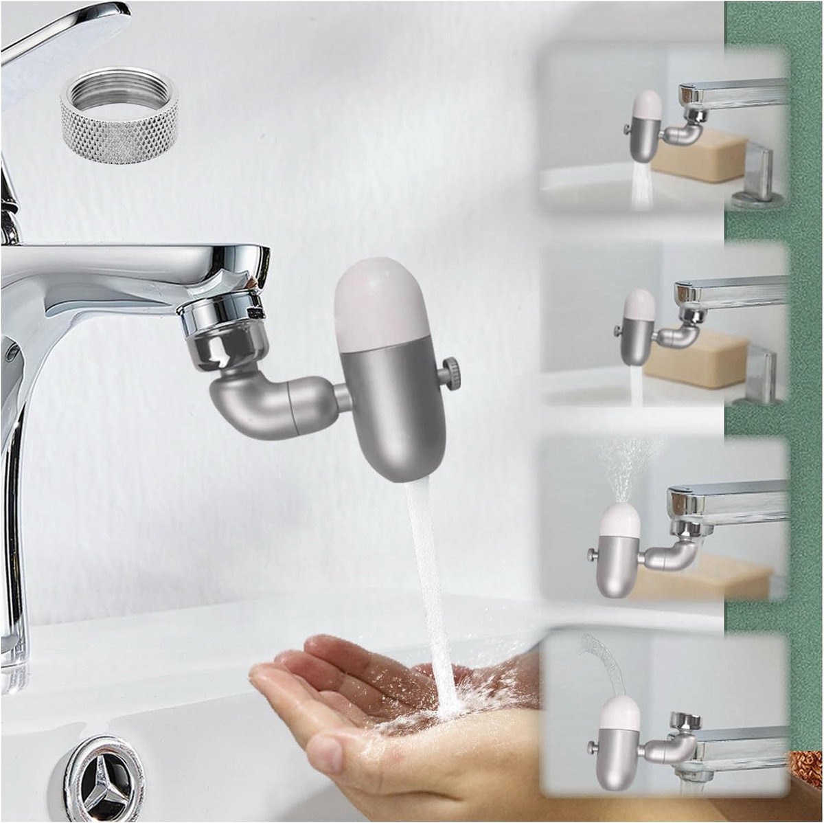 Straalregelaar, waterkraan, opzetstuk, zwenkbaar: vier waterspuitpatronen, mondspoeling, verstuivend water, opblaasbaar water, intensieve sproeikraan, verlenging met adapter voor keuken en