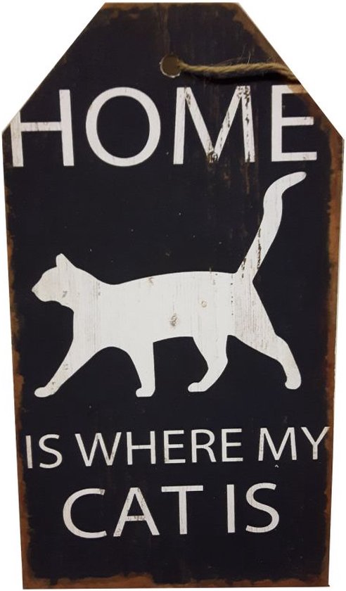 Houten tekstbord voor katten liefhebbers "Home is where my cat is" - 15x27 cm