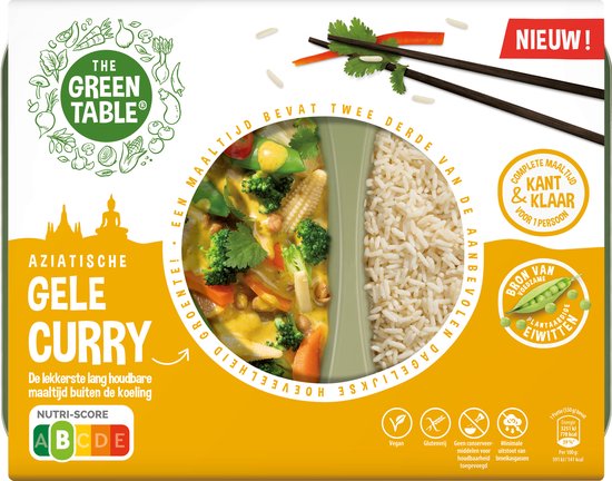 The Green Table - eenpersoons kant-en-klaar maaltijd - gele curry - plantaardig - hypoallergeen - lang houdbaar - sixpack