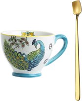 Retro handgeschilderde mok 350 ml - Flower Art kopje koffiekop vintage design hoogwaardige porseleinen mok met gouden lepel (pauwen)