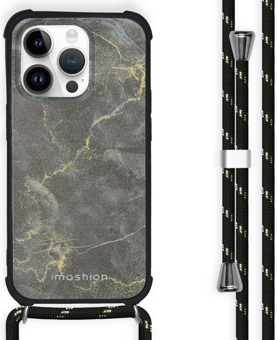 iMoshion Hoesje Geschikt voor iPhone 14 Pro Hoesje Met Koord - iMoshion Design Hoesje met Koord - Zwart / Black Marble