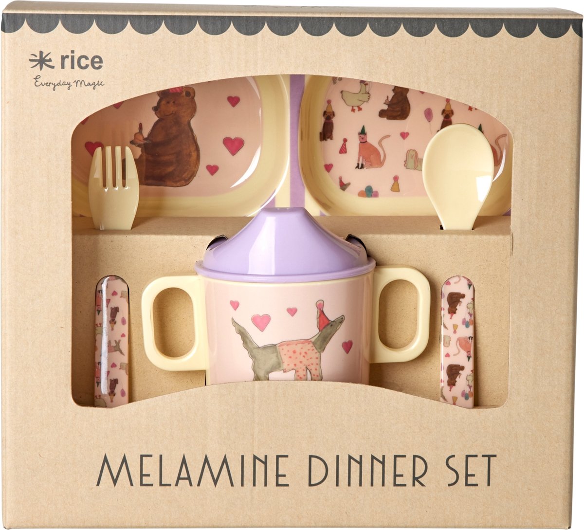 Rice by rice - Melamine baby diner set/3 - roze met dieren party thema - serviesset kind - roze - cadeauset