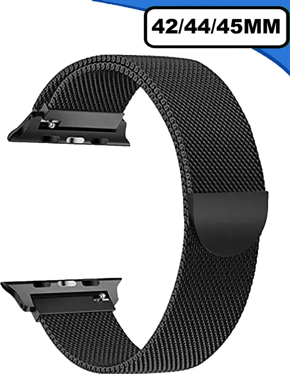 WoniQ Milanees Bandje Geschikt voor Apple watch bandje 1/2/3/4/5/6/7/8/SE 42mm / 44mm / 45mm RVS - Zwart - met een stevige magneetsluiting gemaakt van rvs