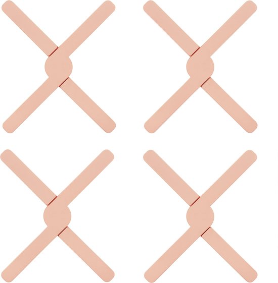 Vier roze, opvouwbare siliconen pannenonderzetters van Krumble.