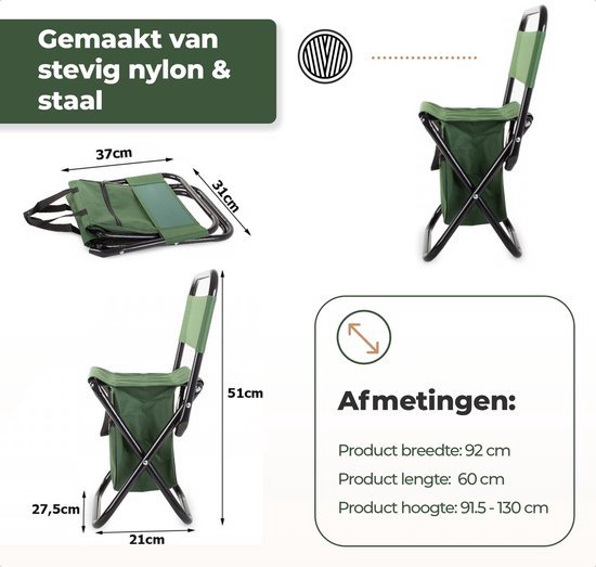 EASTWALL Toeristenvisstoel - H51xL21xB27.5 cm - Vouwkruk met tas - Opvouwbaar viskrukje - Stevige constructie - Nylon + Staal - Groen van Merkloos — afbeelding 4