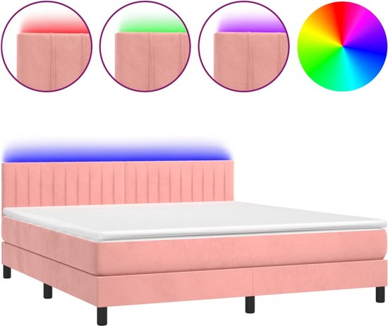 vidaXL - Boxspring - met - matras - en - LED - fluweel - roze - 180x200 - cm