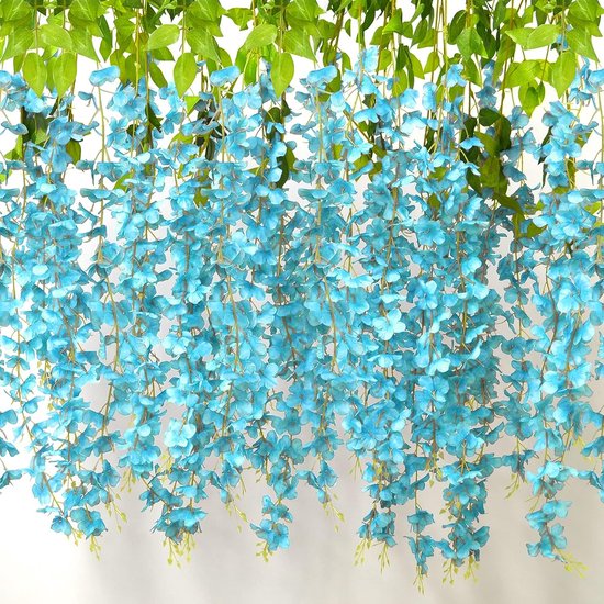 Wisteria Kunstmatige blauweregen slinger, hangende blauwe regen, bloemen, nep, kunstblauweregen slinger voor bruiloft, kunsttuin, feest, wanddecoratie, hemelsblauw, vintage, bruiloftsdecoratie