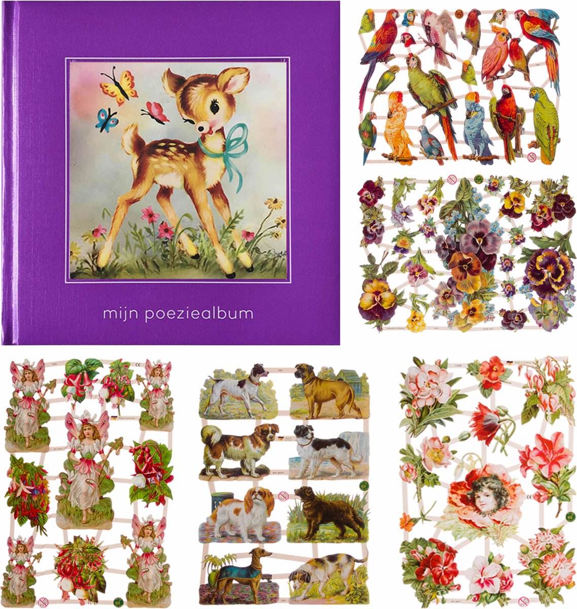 Poëziealbum - 16x16 - Paars - Poes met roze strik - met 5 vellen Poëzieplaatjes
