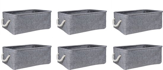 QUVIO Panier de Rangement - Set de 6 - Organisateur - Opbergbox - Boîte de Rangement - Panier à Jouets - Panier de Décoration - Lin - Katoen - Poignées en Corde - Grijs