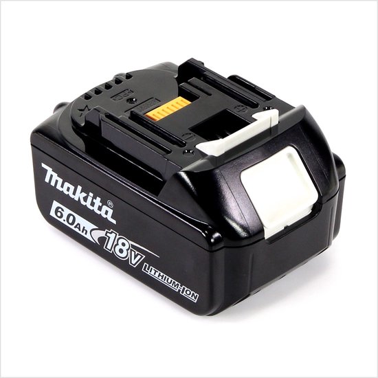 Zwart Makita 18V 6.0Ah lithium-ion accu met gele en witte ontgrendelingsknoppen.