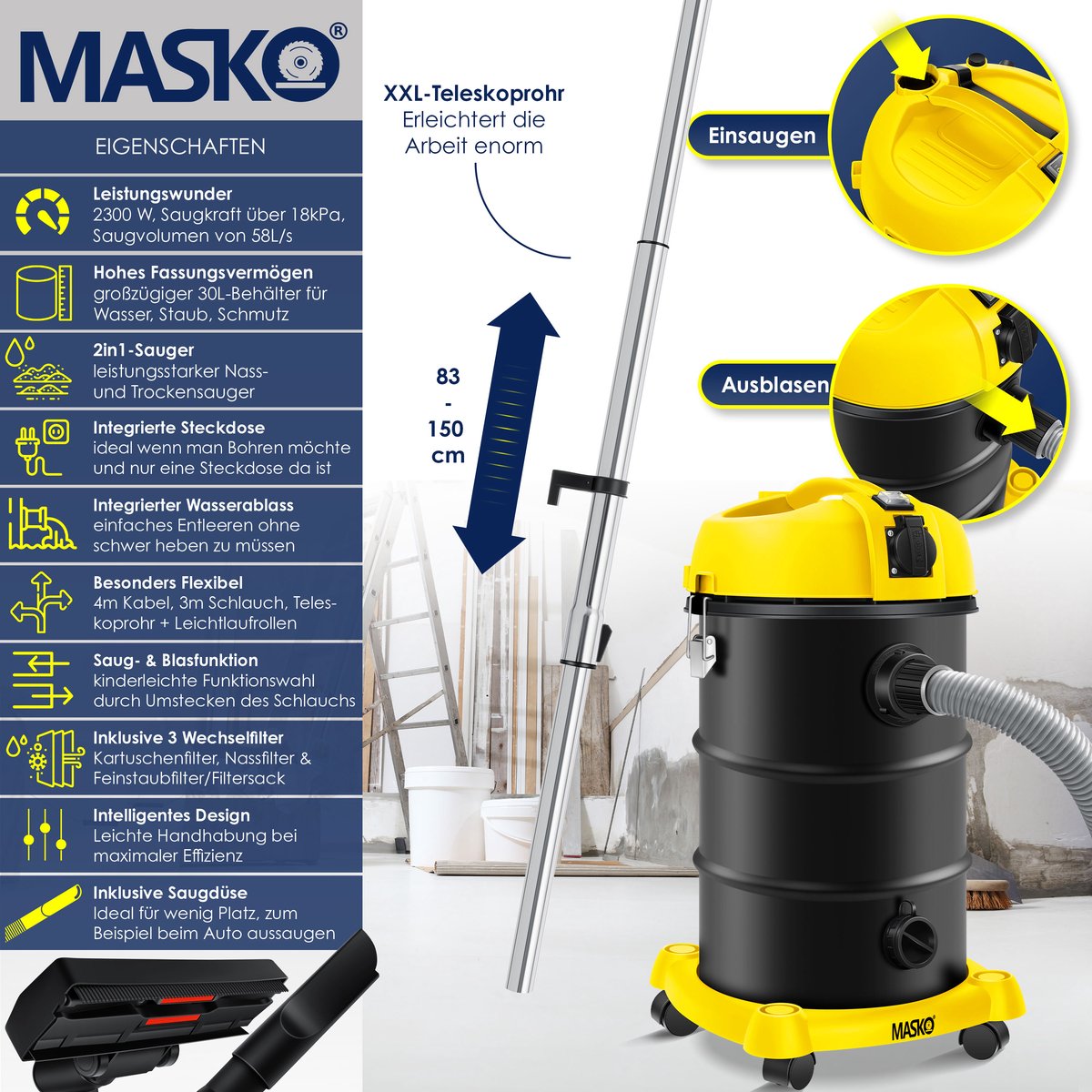 MASKO® Alleszuiger 6IN1 Nat- en Droogzuiger 2300W + stopcontact, Blaasfunctie, Droog- & natzuigen | Industriële stofzuiger vuilreservoir 30L Bouwstofzuiger - Geel – foto 5
